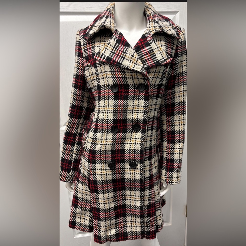 Tommy Hilfiger Plaid Wool Blend Pea Coat in Red Black and Cream sz6